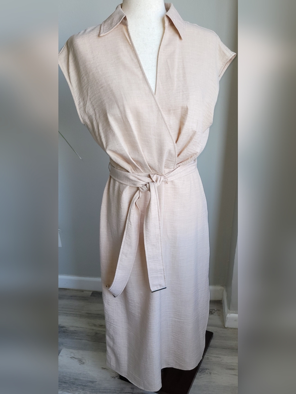 DKNY nwt belted faux wrap midi Dress Collared Cap Sleeve Side Slit Size 6